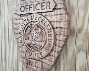 Charlotte Mecklenburg North Carolina Police Badge  - Personalized Badge 3D V Carved Wood Sign
