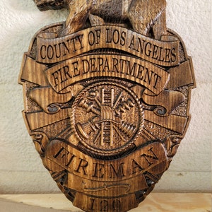 LA County - Los Angeles County Personalized Fire Dept Badge 3D V Carved Wood Sign