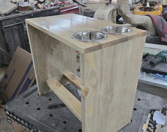 Tall Cat Dish with Reclaimed Wood Stand with Two Stainless Steel Bowls and a Lower Shelf