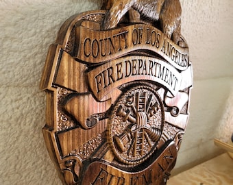 Personalized Los Angeles County Fire Dept Badge V Carved Wood Sign