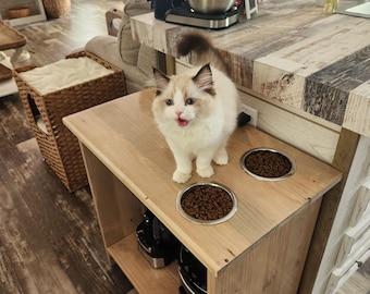 DIY Build at home - Tall Cat Dish with Reclaimed Wood Stand with Two Stainless Steel Bowls and a Lower Shelf