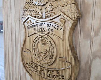 Letrero de madera personalizado, insignia de inspector de seguridad del consumidor tallada en 3D