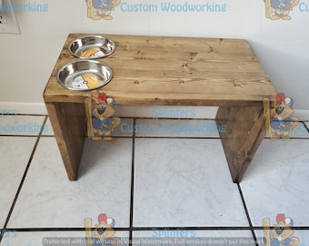 Unique Handmade Standing Cat Dish Made From Reclaimed Wood with two 6 oz dishes