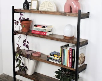 Handmade Solid Wood and Steel Bookshelf - Macagon Design - Wall mounted bookcase with four shelves included - Ships to lower 48 states