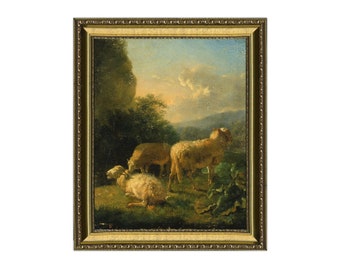 Framed Sheep Painting: Antique Farm Landscape Art, Gold Ornate Frame