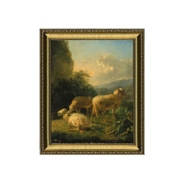 FRAMED - Sheep In The Field - framed antique painting of sheep resting against a landscape, antique artwork, farm life, vintage farm scene