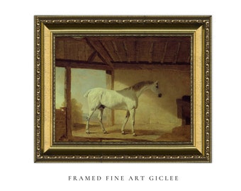 Framed Gray Horse Giclee Print: Equestrian Art with Gold Ornate Frame