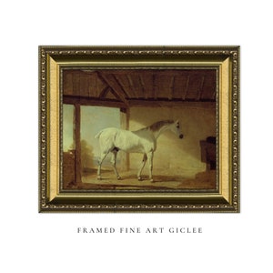 May include: A framed fine art giclee print of a white horse standing in a stable. The horse is facing to the right and has a brown wooden stall behind it.