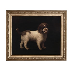 The Water Spaniel - vintage oil painting portrait of a brown and white water spaniel dog on a black background, antique dog art