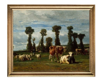 Impresión de paisaje de granja normanda: pintura al óleo francesa vintage