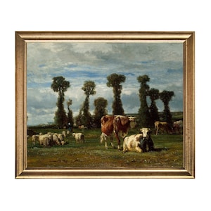 Pasture in Normandy - farm landscape oil painting with cows and sheep, vintage oil painting landscape, french landscape