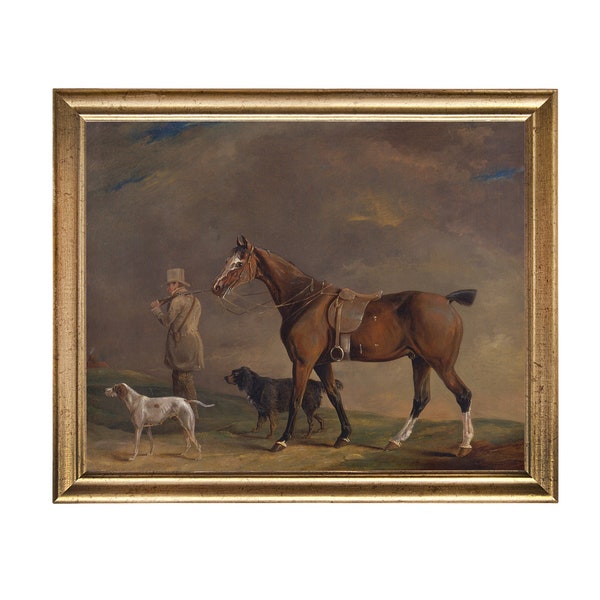 Hunting Gentleman With Horse and Dogs - vintage painting print of man preparing to hunt with horse and dogs, sporting art prints, equestrian