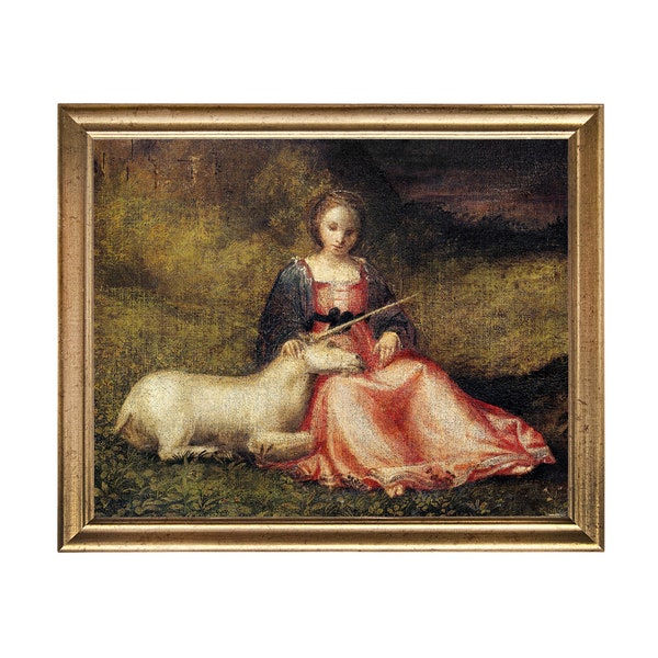 Girl With A Unicorn - vintage oil painting print of a young girl with a pet unicorn, girls room decor, unicorn art, antique painting