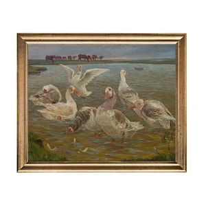 Vintage Goose Painting: Farm Pond Landscape Art Print