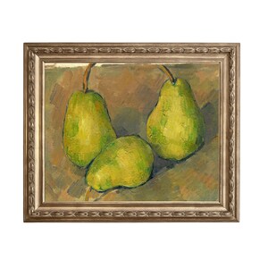Three Pears - vintage still life painting print of three pears on a table, food art, kitchen art prints, maximalist decor, vintage oil
