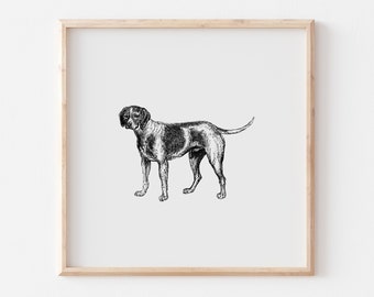May include: Black and white line art illustration of a dog in a simple wooden frame.