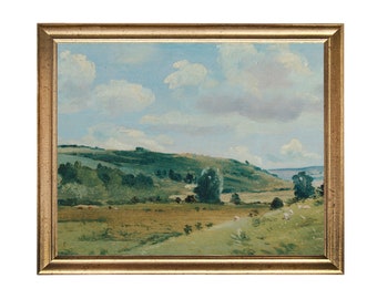 Vintage zomerlandschapsolieverfschilderij: Britse plattelandskunstdruk