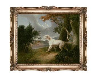 Hunting Dog in Landscape - antique oil painting of a hunting dog, vintage painting print, sporting art, sporting dogs, antique painting