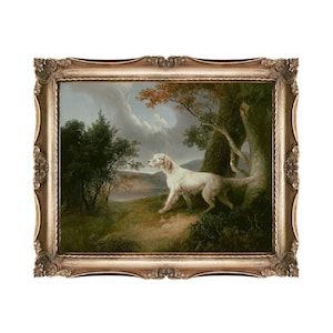Hunting Dog in Landscape - antique oil painting of a hunting dog, vintage painting print, sporting art, sporting dogs, antique painting