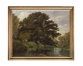 Vintage landschapsschilderij: humeurige bomen van Stream Art Print
