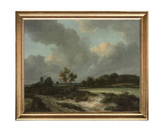 Dutch Countryside Oil Painting Print: Moody Windmill Landscape
