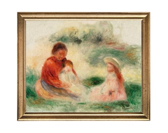 Mother and Children - vintage oil painting print of a woman with two children in a field, spring art, mothers day print, motherhood painting