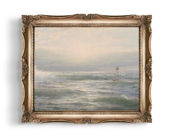 May include: A framed watercolor painting depicting a seascape with a small sailboat in the distance. The painting is set against a backdrop of a cloudy sky and choppy waves.