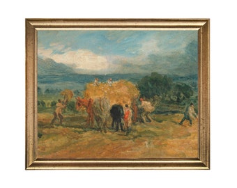 The Harvest - vintage oil painting print of harvesting a hay or straw in a field, antique painting, oil painting print, autumn art, farming
