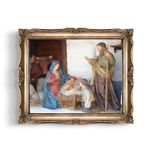 Nativity Scene Oil Painting Print: Traditional Christmas Decor