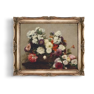 Vintage Dahlia Still Life Art Print: Garden Flowers Oil Painting