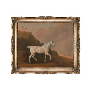 Grey Arabian Stallion Print: Vintage Horse Oil Painting Reproduction