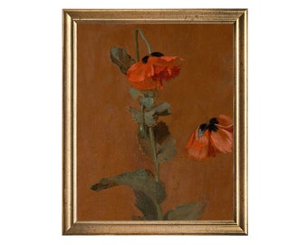 Study of Poppies - vintage oil painting of red poppies on a deep background, moody oil painting, floral artwork, antique painting print