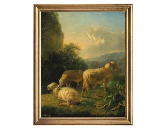 Sheep In The Field - vintage oil painting print of three sheep resting in a field, antique oil painting print, French country, English art