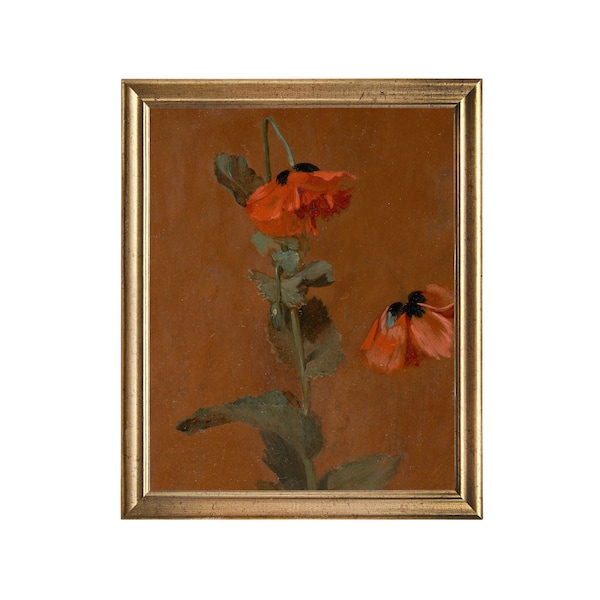 Impresión de pintura al óleo de amapolas rojas vintage: obra de arte floral melancólica