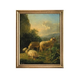 Sheep In The Field - vintage oil painting print of three sheep resting in a field, antique oil painting print, French country, English art