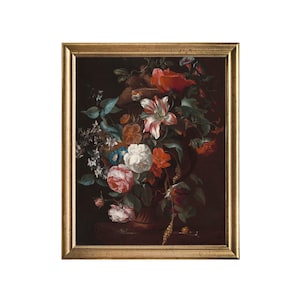 Flowers In A Vase - vintage dark floral oil painting of flowers in a vase, vintage art prints, antique painting, moody floral painting