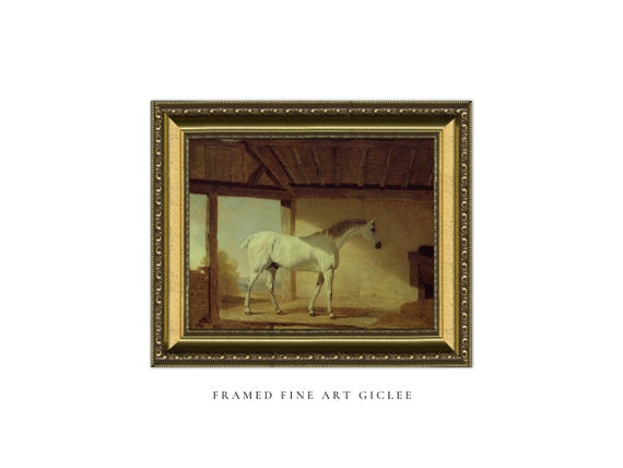 Framed Gray Horse Giclee Print: Equestrian Art with Gold Ornate Frame