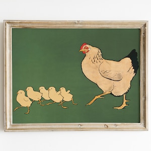 Hen and chicks art print - vintage print of a hen following a line of chicks, farmhouse artwork, farmhouse nursery, farm nursery print