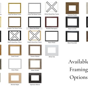 May include: A chart of 24 different picture frame styles, including wood, metal, and ornate options. The frames are shown in various colors, including gold, silver, black, white, and brown. The text "Available Framing Options" is at the bottom of the chart.