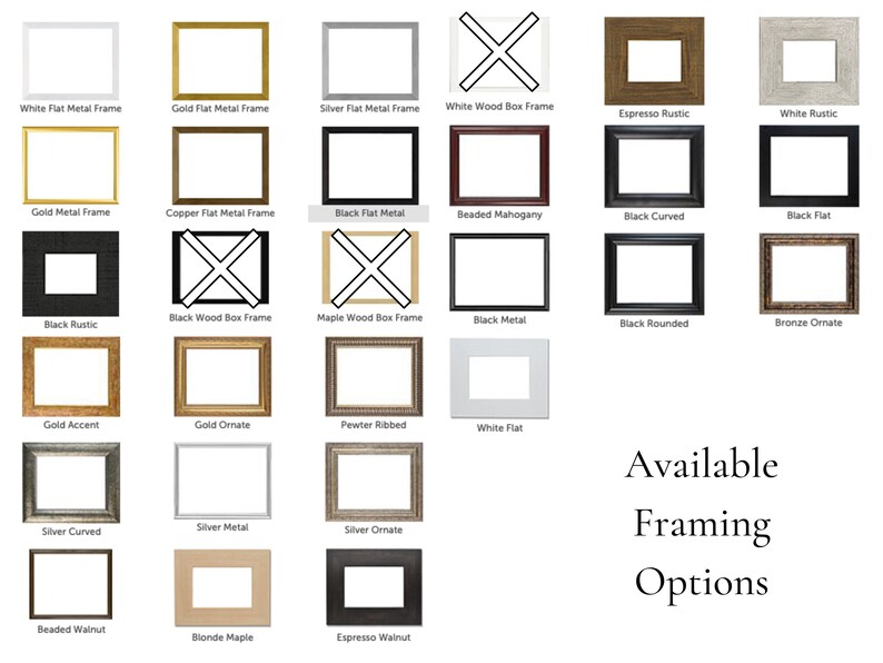 May include: A chart of 24 different picture frame styles, including wood, metal, and ornate options. The frames are shown in various colors, including gold, silver, black, white, and brown. The text "Available Framing Options" is at the bottom of the chart.