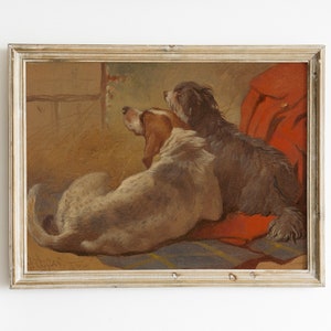 Bearded Collie and Hound - two dogs on a hunting jacket, hunting dogs, fox hunting, country life, English country decor, dog painting