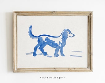 Vintage blue and white dog illustration, vintage kid room, dog nursery, preppy nursery, blue and white dog art, blue and white nursery decor