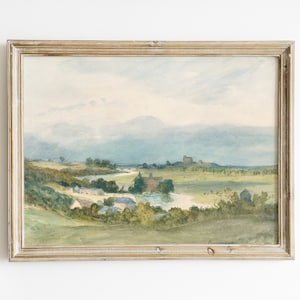 ヴィンテージの水彩風景画プリント、ヴィンテージの風景画、水彩風景画プリント、落ち着いた室内装飾、トランジショナルな装飾