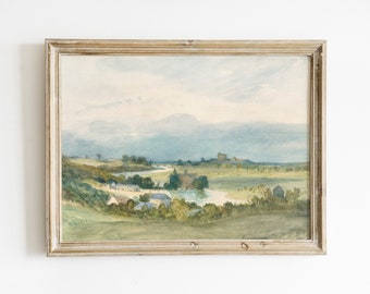 Impresión de pintura de paisaje vintage: Arte de acuarela en tonos pastel apagados