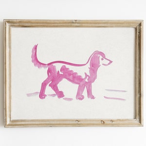 illustration vintage de chien rose et blanc, chambre d'enfant vintage, chambre de bébé, chambre de bébé BCBG, art de chien rose et blanc, décoration de chambre de bébé rose et blanc