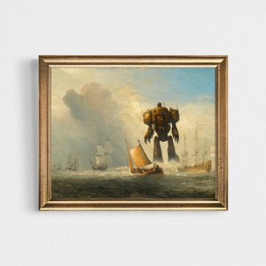 May include: A framed painting depicting a large, steampunk-style robot standing in the ocean, with several sailing ships in the background. The robot is made of metal and has a large, round head with a single eye. The painting is set against a cloudy sky.