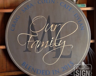Personalized Blended Family Name Sign - Monogram Round Sign - Wedding Anniversary Gift - Combined Family Remarried - Custom Gift - Wood Sign