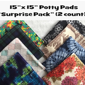 May include: A pack of 15" x 15" potty pads in a variety of colors and patterns. The pack includes two pads and is labeled "Surprise Pack".