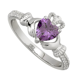 FEBRUARY Birthstone Silver Claddagh Ring S-S21062-2. Made in IRELAND! - Ships from Colorado USA