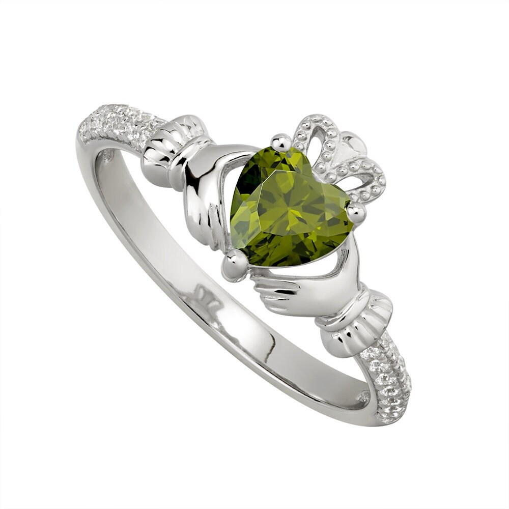 Sterling Silver August Birthstone Heart Claddagh Ring - CZ Solitaire Irish Friendship Ring, Size 9.5